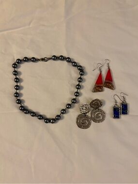 Jewelry bundle, grey beaded necklace, vintage and new dangle earrings